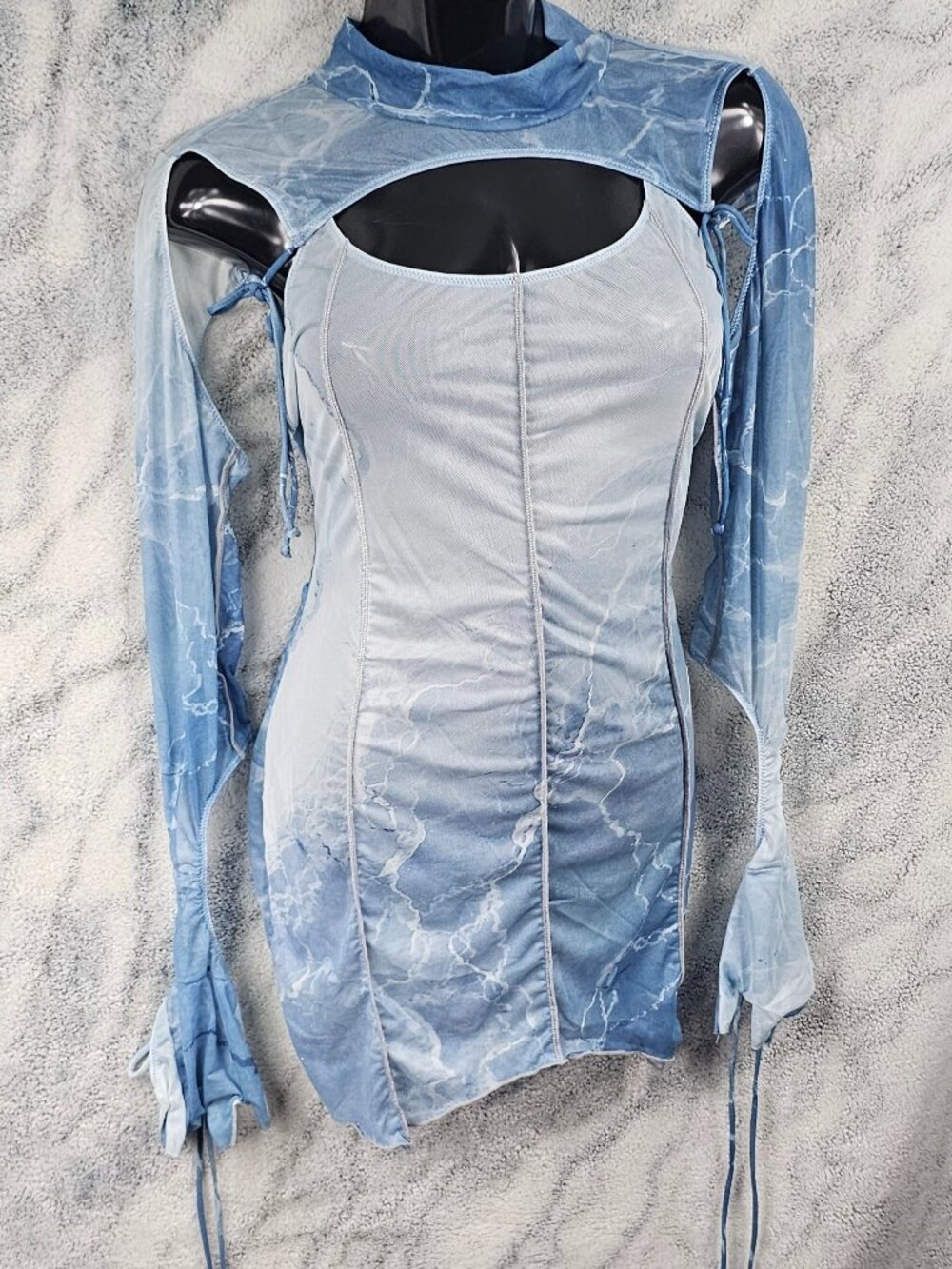Darker Wavs XXL Arctic Ice Blue Aquatic Print Sheer Mesh Mini Dress Shrug Set